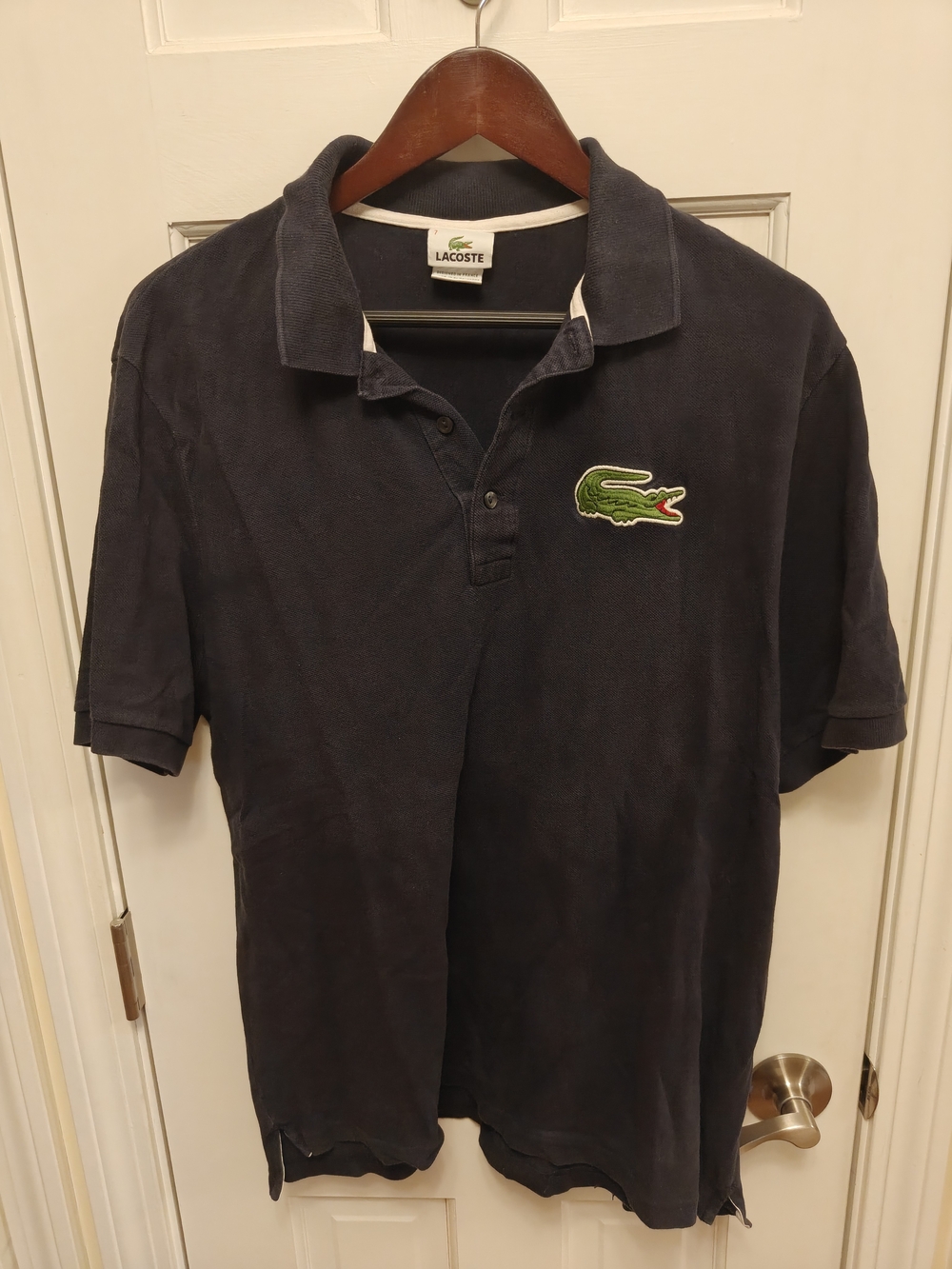 Lacoste Navy Men's Short-Sleeve Polo with Green Crocodile Logo